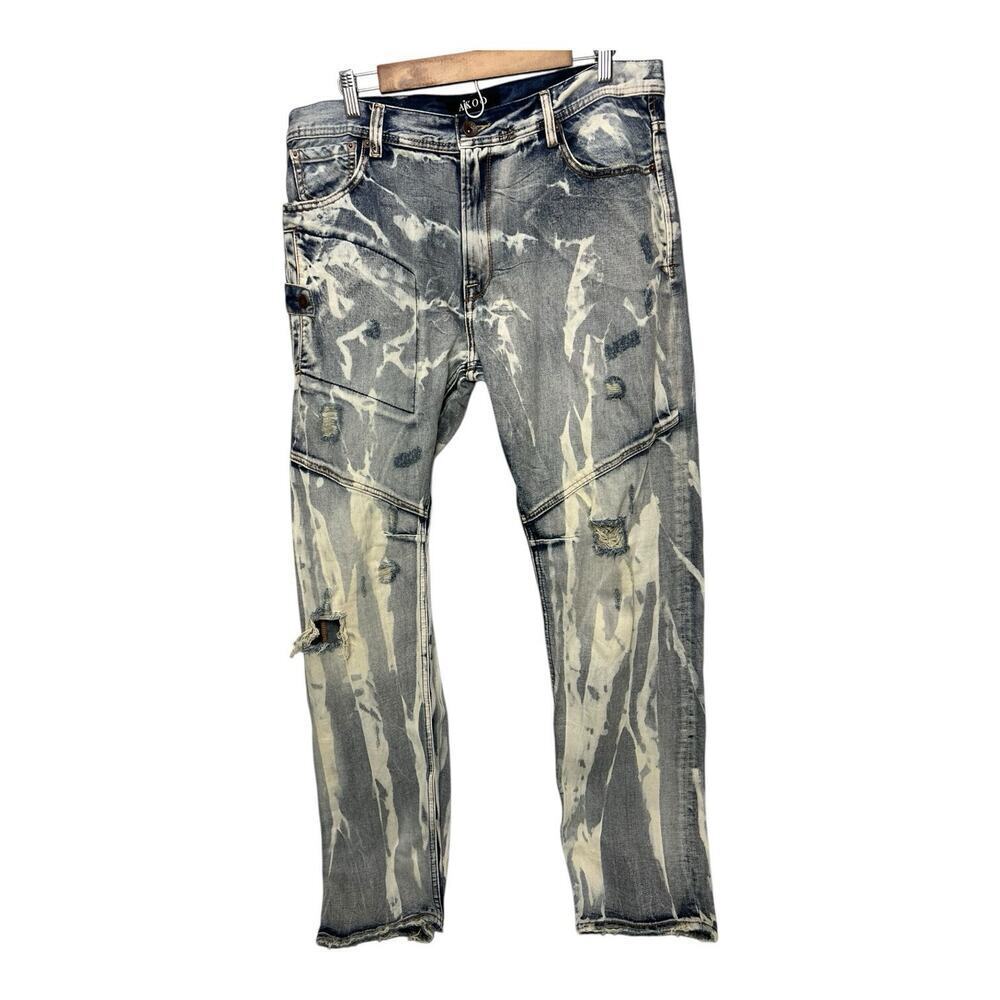 AKOO No Rivals Jeans Distressed Acid Wash Bleached Denim Mens 38x34